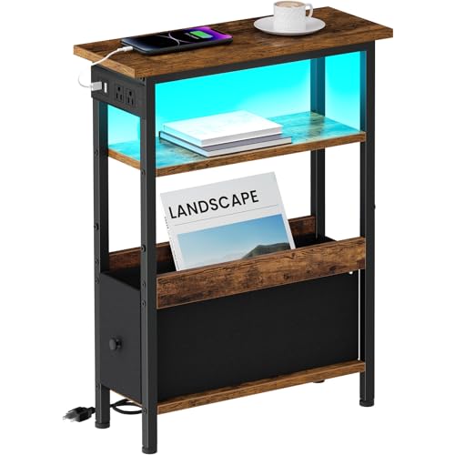 Creso hom Narrow Side Table with Charging Station and LED Light, End Table with 1 Fabric Drawer, Skinny Nightstand with USB Ports & Type-C, Slim Bedside Table for Bedroom, Living Room, Rustic Brown - color: Rustic Brown, size: 7"D x 18.7"W x 24.8"H