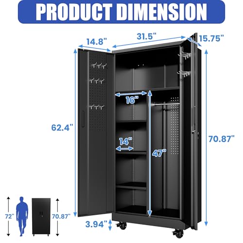 71'' Metal Garage Storage Cabinet with Wheels & Hanging Rod,Black Lockable Tool Cabinets with Pegboard & Adjustable Shelves,Heavy Duty Steel Tall Cabinets for Garage Warehouse Basement Broom - color: Black, style: 71"H 2 doors with Rod & wheels