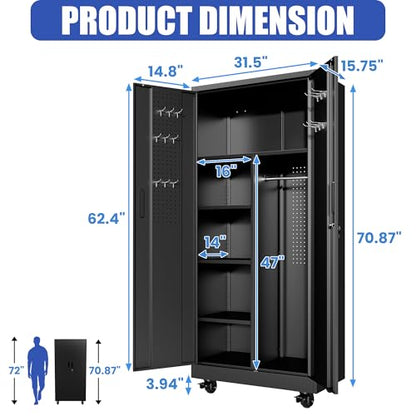 71'' Metal Garage Storage Cabinet with Wheels & Hanging Rod,Black Lockable Tool Cabinets with Pegboard & Adjustable Shelves,Heavy Duty Steel Tall Cabinets for Garage Warehouse Basement Broom - color: Black, style: 71"H 2 doors with Rod & wheels
