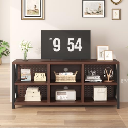 LVB Walnut TV Stand for 65 Inch TV, Industrial Wood and Metal Entertainment Center with Storage Shelf, Modern Television Media Console Table with Cabinet for Living Room Bedroom, Walnut, 55in - color: Walnut