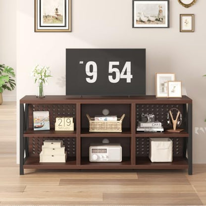 LVB Walnut TV Stand for 65 Inch TV, Industrial Wood and Metal Entertainment Center with Storage Shelf, Modern Television Media Console Table with Cabinet for Living Room Bedroom, Walnut, 55in - color: Walnut