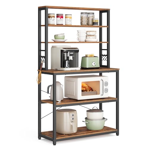 VASAGLE Coffee Bar, 31.5 Inches Baker's Rack for Kitchen with Storage, 6-Tier Kitchen Shelves with 6 Hooks, Microwave Stand, Industrial, Rustic Brown and Ink Black UKKS019B01 - color: Rustic Brown + Ink Black, size: 31.5"W, style: No Power Outlet