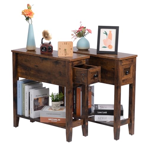 Brown 2 Pack Chairside Narrow End Table with Drawer, Solid Recliner Side Table with Storage Shelf, Slim Nightstand Bedside Table for Bedroom - size: 2 set brown