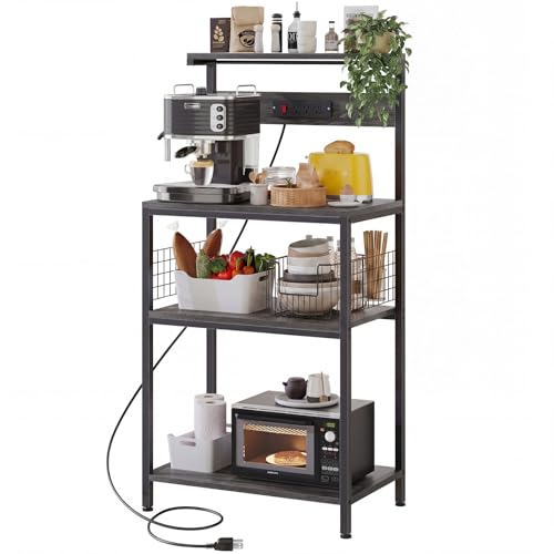 DUMOS Small Bakers Rack with Power Outlet for Kitchen Storage, 23.6" Microwave Stand, Appliance Organizer with 3 Adjustable Tiers for Small Apartment, Counter Space Saving, Classic Grey - color: Classic Grey, size: 23.6 inch
