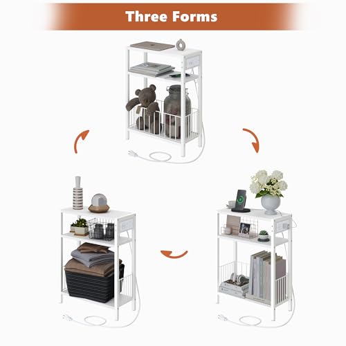 TRIFEBLE Narrow Side Table with Charging Station, Small End Table for Small Spaces, Slim Nightstand with Storage Basket, 3 Tier Skinny Bedside Table for Living Room, Bedroom, White - color: White, style: With Basket & Power