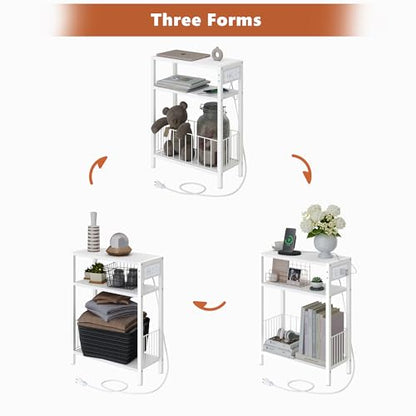 TRIFEBLE Narrow Side Table with Charging Station, Small End Table for Small Spaces, Slim Nightstand with Storage Basket, 3 Tier Skinny Bedside Table for Living Room, Bedroom, White - color: White, style: With Basket & Power