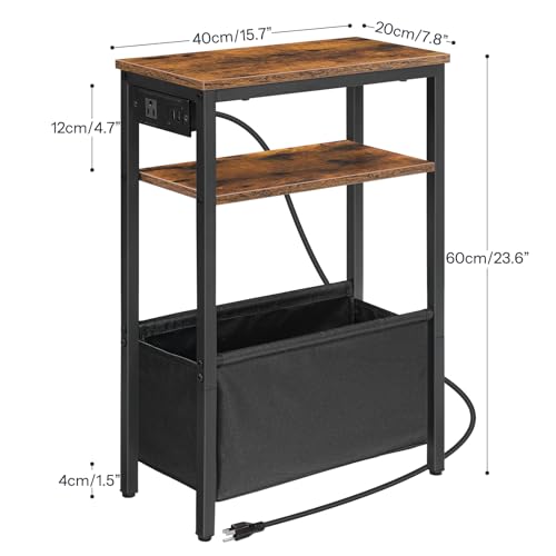 HOOBRO Small Narrow Side Table, Narrow End Table with Charging Station, Extra Slim Nightstand with Storage, Skinny End Table for Small Spaces for Living Room, Rustic Brown and Black BF125UBZ01