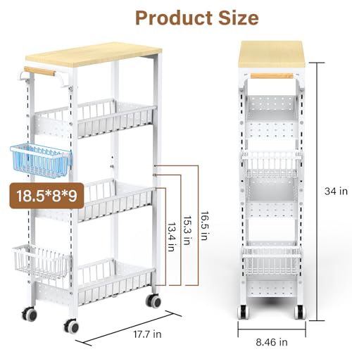 7.8 Inch Ultra-Slim 4-Tier Rolling Storage Cart with Adjustable Shelves - Lockable Wheels & Wooden Top for Narrow Spaces Between Washer/Dryer, Bathroom, Kitchen Organization (White) - color: White