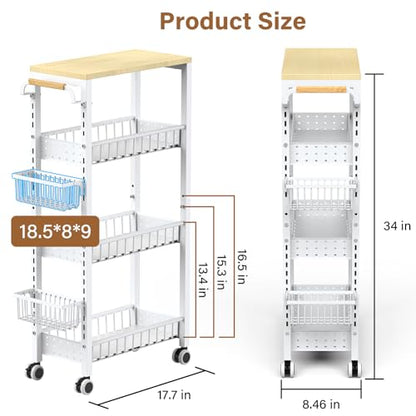 7.8 Inch Ultra-Slim 4-Tier Rolling Storage Cart with Adjustable Shelves - Lockable Wheels & Wooden Top for Narrow Spaces Between Washer/Dryer, Bathroom, Kitchen Organization (White) - color: White