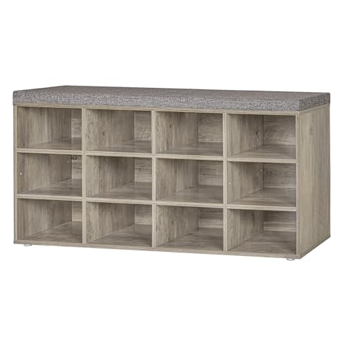 Shoe Storage Bench with Cushion, 40.9" Cubby Shoe Rack, 12-Cubby | Entryway Shoe Organizer Bench, Adjustable Shelves for Boots, Removable Washable Cushion, Closet/Hallway/Bedroom, Gray Wash - color: Gray Wash, size: 12 Cubby
