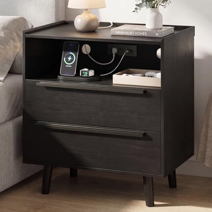 26 Inch Tall Black Oak Nightstand with Charging Station, 2 Drawers | 24 inch wide, 16 inch deep design with raised-edge tray top, open shelf, hidden storage, and a streamlined look - color: Black Oak