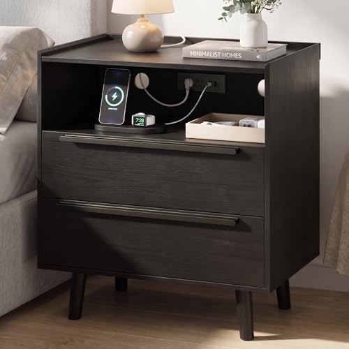 26 Inch Tall Black Oak Nightstand with Charging Station, 2 Drawers | 24 inch wide, 16 inch deep design with raised-edge tray top, open shelf, hidden storage, and a streamlined look - color: Black Oak