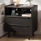 26 Inch Tall Black Oak Nightstand with Charging Station, 2 Drawers | 24 inch wide, 16 inch deep design with raised-edge tray top, open shelf, hidden storage, and a streamlined look - color: Black Oak