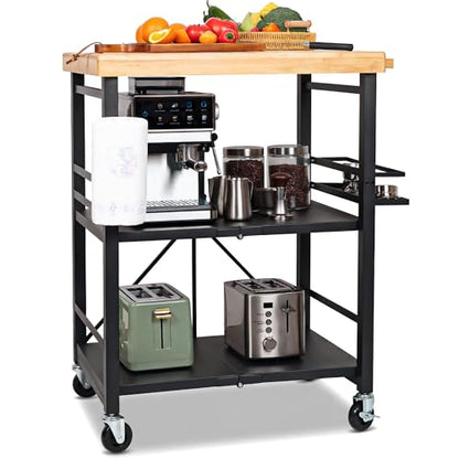 Mythinglogic Foldable Kitchen Cart with Wheels, Rolling Kitchen Island with Wood Top, 3-Tier Microwave Stand Coffee Bar Cart with Side Storage Rack, Black - size: 21.89"D x 29.33"W x 36.81"H