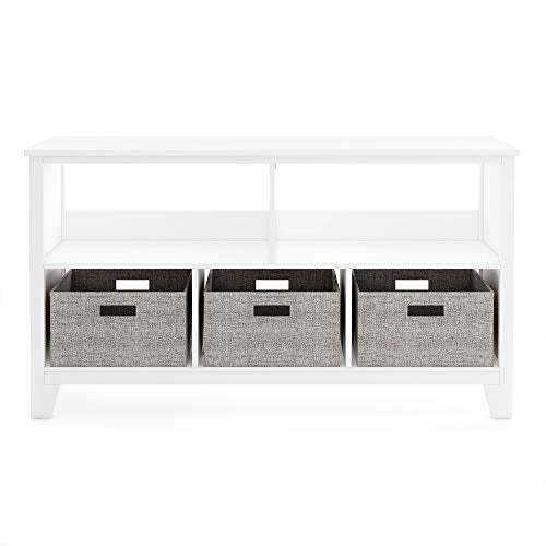 Martha Stewart Kids' Low Bookcase - Linen White: 24 Inch Wooden Storage Organizer Cubby with Fabric Bins for Playroom and Bedroom - color: Linen White