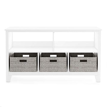Martha Stewart Kids' Low Bookcase - Linen White: 24 Inch Wooden Storage Organizer Cubby with Fabric Bins for Playroom and Bedroom - color: Linen White