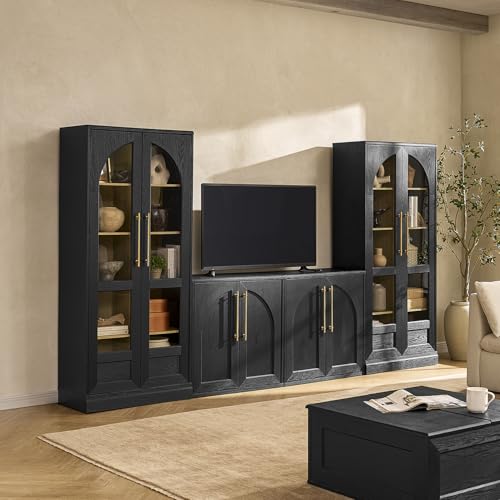 mopio Blake 4 Piece Entertainment Center with Storage, Modern Farmhouse Arched Wall Unit Cabinet TV Stand with Tall Display Cabinets for up to 65" TVs, Trophy Display Case, Media Console Cabinet - color: Black Oak, size: 2 Units Short Arched + 2 Units Tal