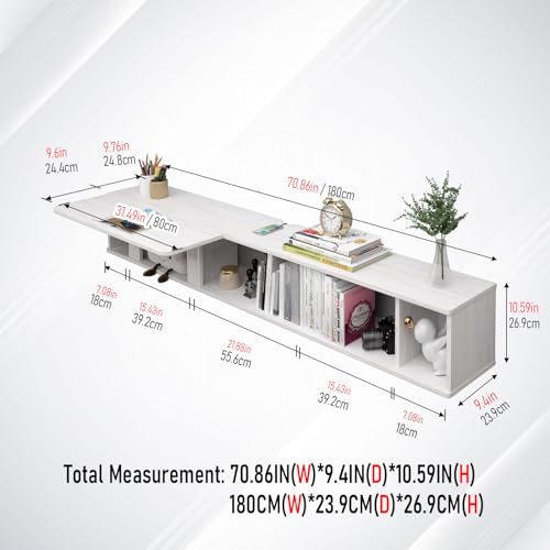 Pmnianhua 70'' Floating Desk with Storage Shelves,Wall Mounted Desk Laptop Computer Writing Study Table for Bedroom Small Space(White)