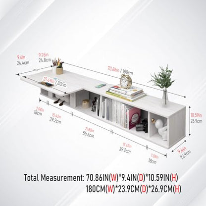 Pmnianhua 70'' Floating Desk with Storage Shelves,Wall Mounted Desk Laptop Computer Writing Study Table for Bedroom Small Space(White)