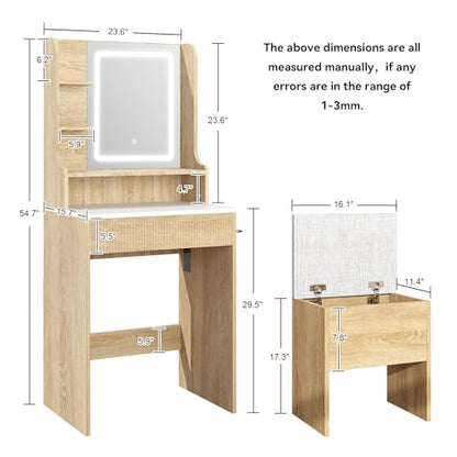 YOURLITE 24" Fluted Makeup Vanity Desk with LED Mirror and Stool | Small Vanity Table Set, 3 Lighting Modes, Charging Station, Hairdryer Holder, Cushioned Stool - size: 27.5", style: Wooden