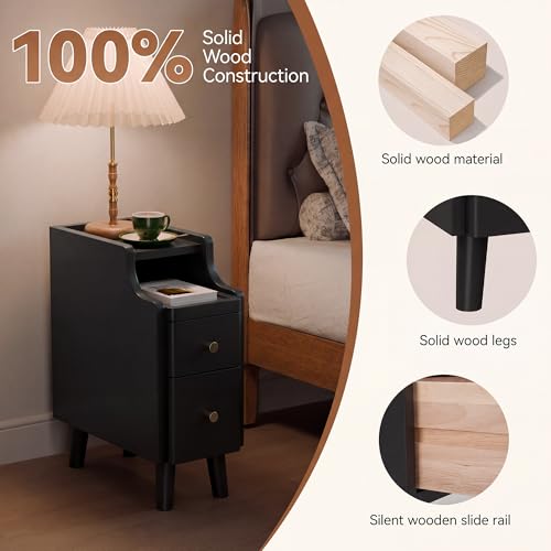Nightstand, Pre-Assembled, 19.7“H Solid Wood Narrow Night Stand with 2 Drawers, Open Sliding Shelf, Mid Century Modern Small Bedside Table for Bedroom, Black 8" - color: Black, size: 8"