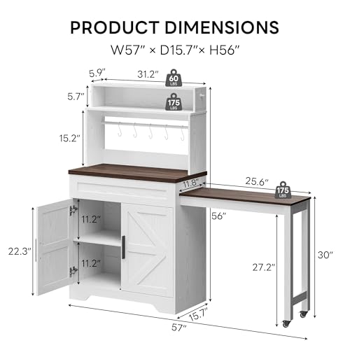 LIKIMIO 57" Farmhouse Coffee Bar Cabinet with Extendable Table & Locking Wheels, Mobile Kitchen Island Storage Cart with Magnetic Board, 5 Hooks, Adjustable Shelf, Space Saving for Apartment, White