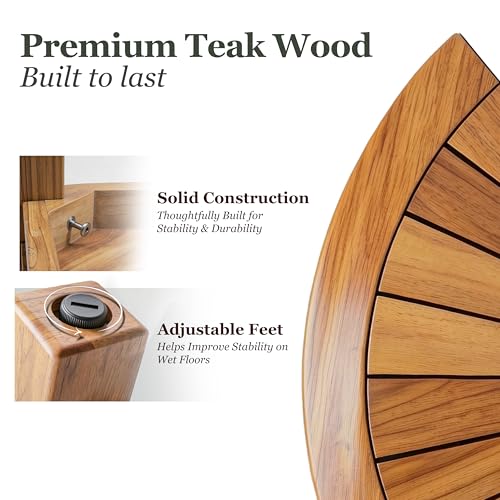 HOMESTEAD Teak Shower Stool with 2 Tier Storage Shelf, Compact Corner Shower Bench for Inside Shower, Bathroom Seat with Soap Holder, Shower Foot Rest and Shower Stool for Shaving Legs