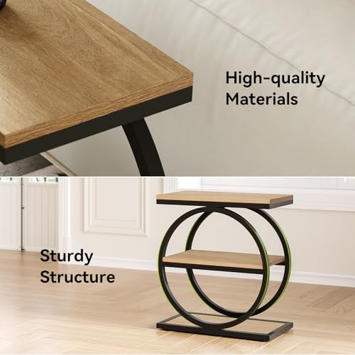 LITTLE TREE End Table Set 2, Side Table with 3-Tier Storage Shelves, Small Sofa Side Table for Living Room, Wooden Side End Table with Double Round Metal Legs, Slim Nightstand and Bedside Table, Oak - color: Oak