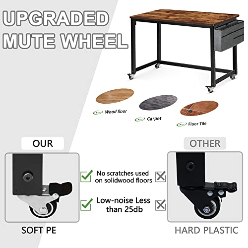 AHB 39" Rolling Computer Desk with 4 Smooth Wheels, Simple Style Mobile Writing Desk Home Office Study Table Movable Workstation with Metal Frame - color: Brown, size: 39"