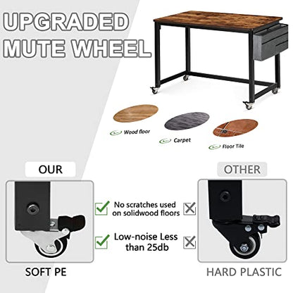 AHB 39" Rolling Computer Desk with 4 Smooth Wheels, Simple Style Mobile Writing Desk Home Office Study Table Movable Workstation with Metal Frame - color: Brown, size: 39"