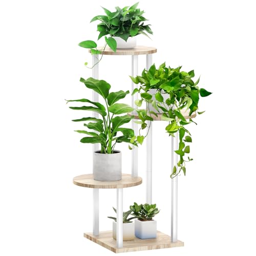 4 Tier White Metal Wooden Tall Plant Stand Indoor Shelf Flower Pot Holder for Multiple Plants, Corner Display Rack for Living Room Balcony Patio Garden - color: White-4