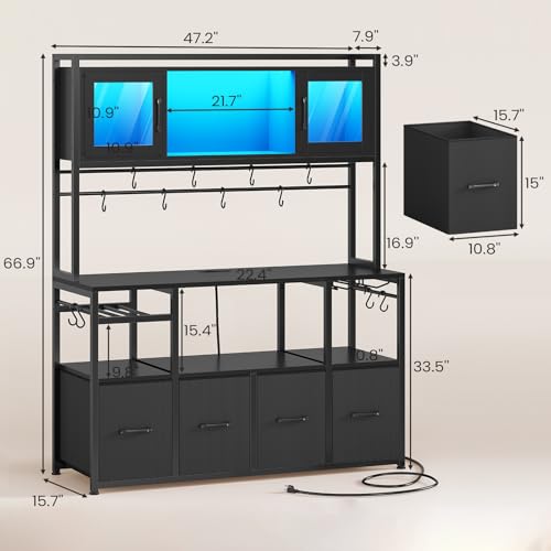 Itaar Bakers Rack with Power Outlet and LED Light, 47.2'' Microwave Stand with Storage, Kitchen Coffee Bar Cabinet with Glass Door, 4 Drawer, Wine Rack, Goblet Holder and 12 Hooks, Black - color: Black