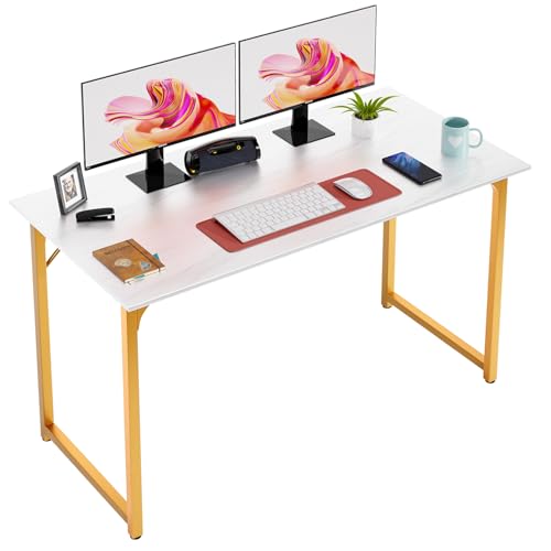 Dkelincs 47 Inch Computer Desk Home Office Desk Gaming Writing Desk Modern Simple Style Study Work Table with Metal Frame, Large Legroom, Adjustable Feet, Water-Resistant, Scratchproof Surface, Gold - color: Gold, size: 47 Inch