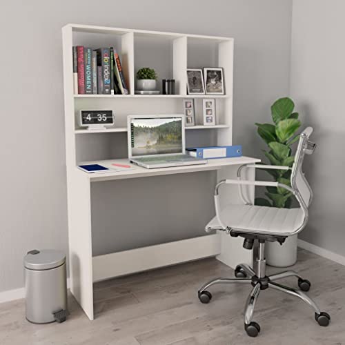 White Computer Desk with Shelves, Modern Rectangular Writing Table for Home Office, Engineered Wood Workstation for Bedroom Study Room - color: White