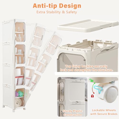 4-Tier Slim Bathroom Storage Cabinet, Tall Narrow Storage Cabinet with Movable Wheels, Adjustable Shelves, Skinny Bathroom Storage Organizer for Small Space, Bathroom, Kitchen, Laundry, Cream White - size: 4-Tiers