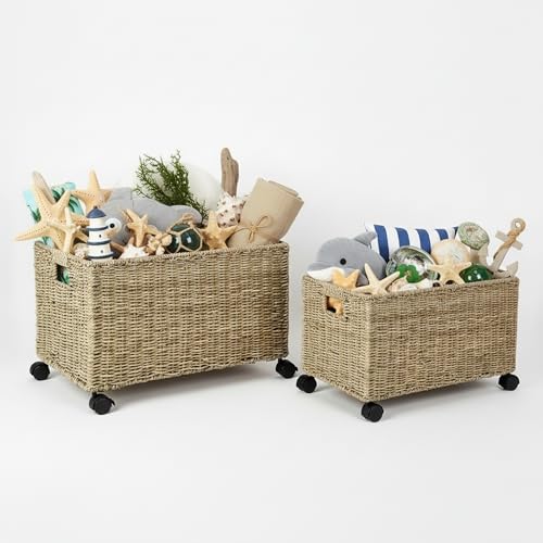 PEMAR Set of 2 Nesting Natural Wicker Rolling Storage Baskets on Wheels with Insert Handles, Under Table Under Desk Woven Storage Bins, Mobile File Cabinet Organizer, Seagrass, Sizes M and L