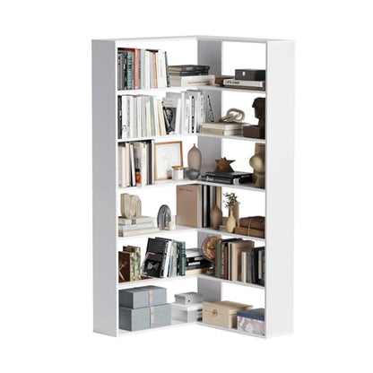 Corner Bookshelf, Freestanding L Shaped Display Shelf, 6 Tiers Bookcase with Baffles, Wooden Bookcase with Storage Organizer for Home Office, Living Room, Bedroom (23.6") - size: 23"