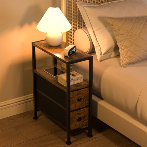 Small Narrow Side Table with Drawers, Skinny End Table for Small Spaces, Slim Nightstand with Storage, sofa bedside Table in Living Room, Bedroom, Study, kitchen and Balcony (Rustic Brown)M-LBZ83B1V1 - color: Rustic Brown&black