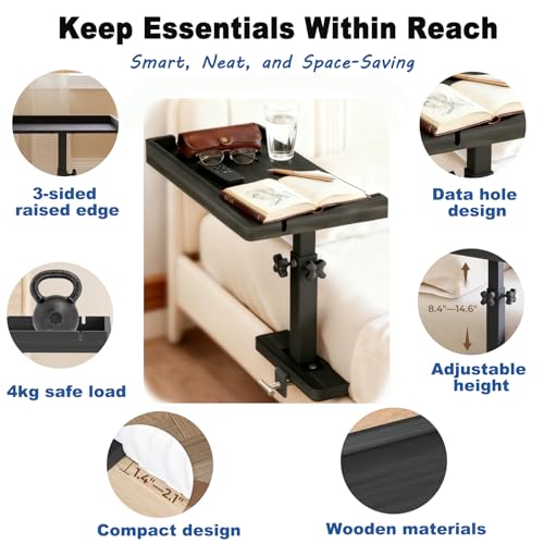 Bedside Shelf for Bed Frame, Clamp On Bedside Table Organizer, Dorm Room Nightstand Alternative for Phone, Glasses, Laptop, Books, Small Storage Tray for Bunk Bed College Dorm (Black)