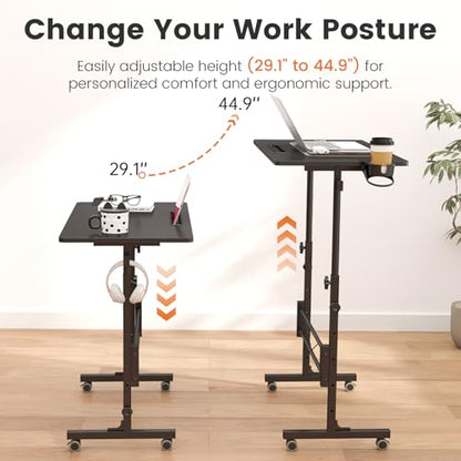 Hadulcet Small Standing Desk Adjustable Height, Mobile Stand Up Desk with Wheels, Portable Walking Pad Table Stand, Rolling Laptop Cart for Standing or Sitting, Black - color: Black
