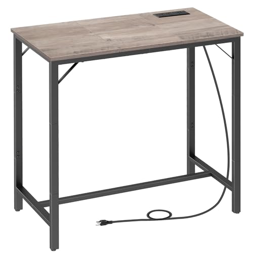 HOOBRO Bar Table with Charging Station, Rectangular Pub Table, High Top Coffee Table, Counter Bar Height Table, Narrow Long Dining Table, 35.4" L x 15.7" W x 35.6" H, Greige BG90UBT01 - color: Greige + Black