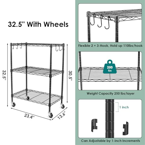 WDT 3-Tier Storage Shelves, Heavy Duty Metal Shelves Wire Rack Shelving Unit, Adjustable Shelf with Wheels for Home Office Garage Kitchen Bathroom,23.4" Wx13.6 Dx32.5 H - size: 3Tier 23.4"W x 13.6"D x 32.5"H