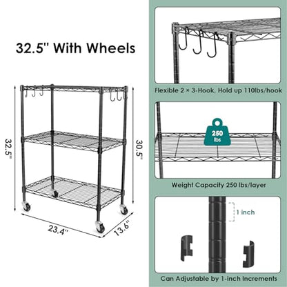 WDT 3-Tier Storage Shelves, Heavy Duty Metal Shelves Wire Rack Shelving Unit, Adjustable Shelf with Wheels for Home Office Garage Kitchen Bathroom,23.4" Wx13.6 Dx32.5 H - size: 3Tier 23.4"W x 13.6"D x 32.5"H