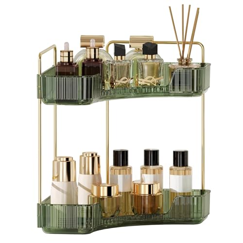 YCIA&DONE Corner Bathroom Counter Organizer, Makeup Organizer for Vanity, Skincare Cosmetic Perfume Tray, Corner Countertop Shelf Rack Storage for Bathroom Kitchen 2 Tiers (Vintage Green) - color: Green, size: 2-Tier