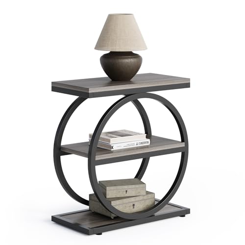 LITTLE TREE End Table Set 2, Side Table with 3 Tiers Shelves, Slim Sofa Side Table for Living Room, Tall Bedside Table Nightstand for Bedroom, Grey and Black - color: Grey