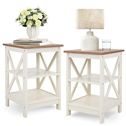PHI VILLA End Table Living Room Set of 2, Farmhouse Bed Side Table Nightstands for Bedroom, Ivory White Small Side Table - color: Ivory