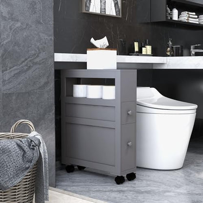 HOMCOM 6.25" x 20.5" x 28.25" Wood Rolling Narrow Bathroom Side Storage Cabinet - Gray - color: Grey