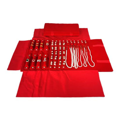 Velvet Travel Jewelry Case Roll Bag Organizer for Necklace Bracelet Earrings Ring (Black) (Red) - color: Red