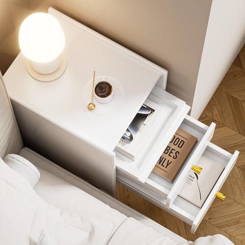 Narrow Nightstand with 2 Drawers, 11.81" Solid Wood Narrow Bedside Table | Pine Wood, Modern Night Stand with Open Shelf & Cable Hole, Slim Narrow Side Table for Bedroom, White