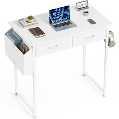 Anwick Compact Computer Desk with Storage Bag, Headphone Hook & Adjustable Feet - Modern Home Office Desk for Small Spaces, Bedroom or Study, Durable Metal Frame, Simple Design (White)